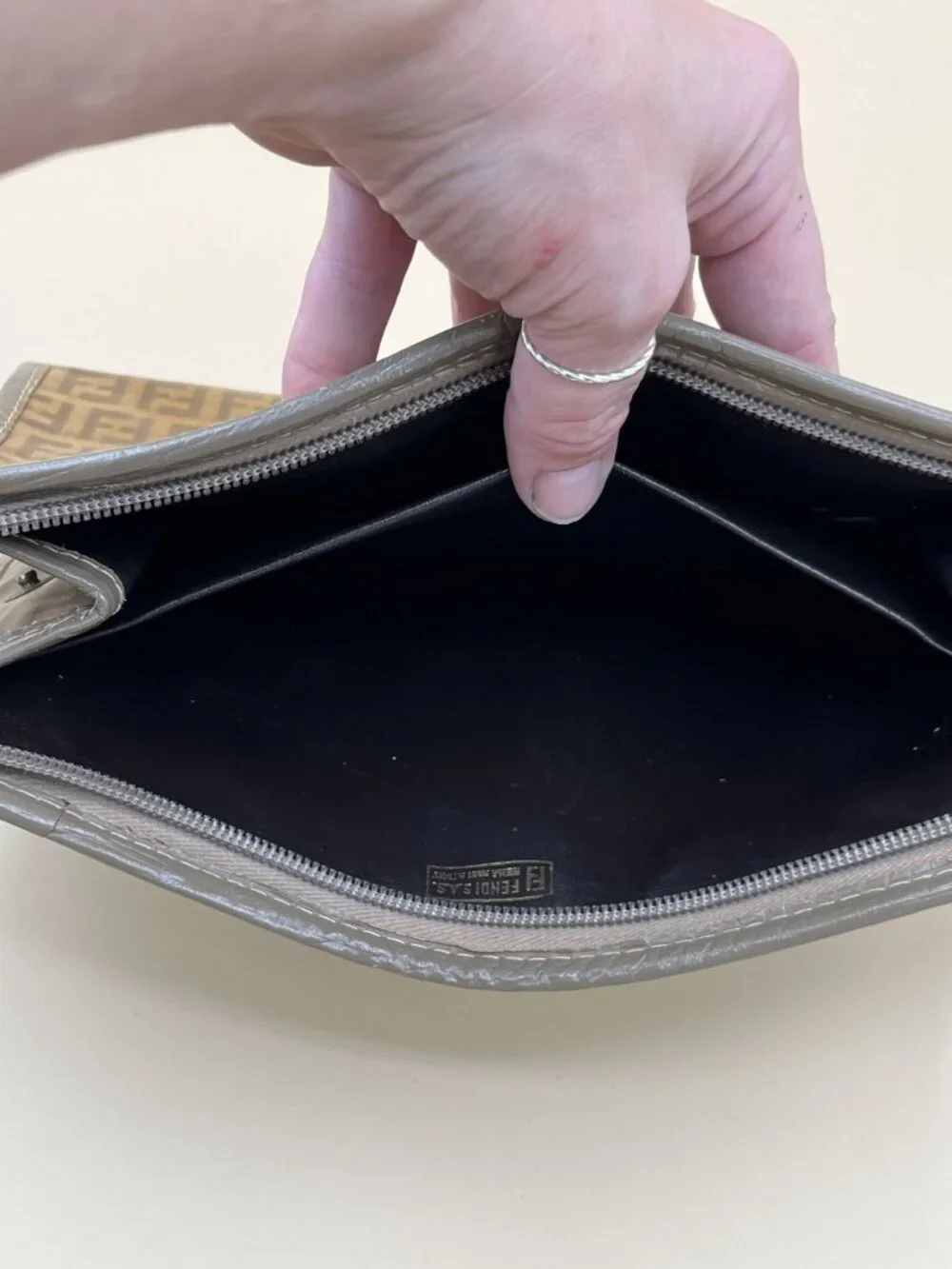 Fendi Vintage Zucca Pattern Clutch Bag With Zipper Closure & Brown/Gray Leather